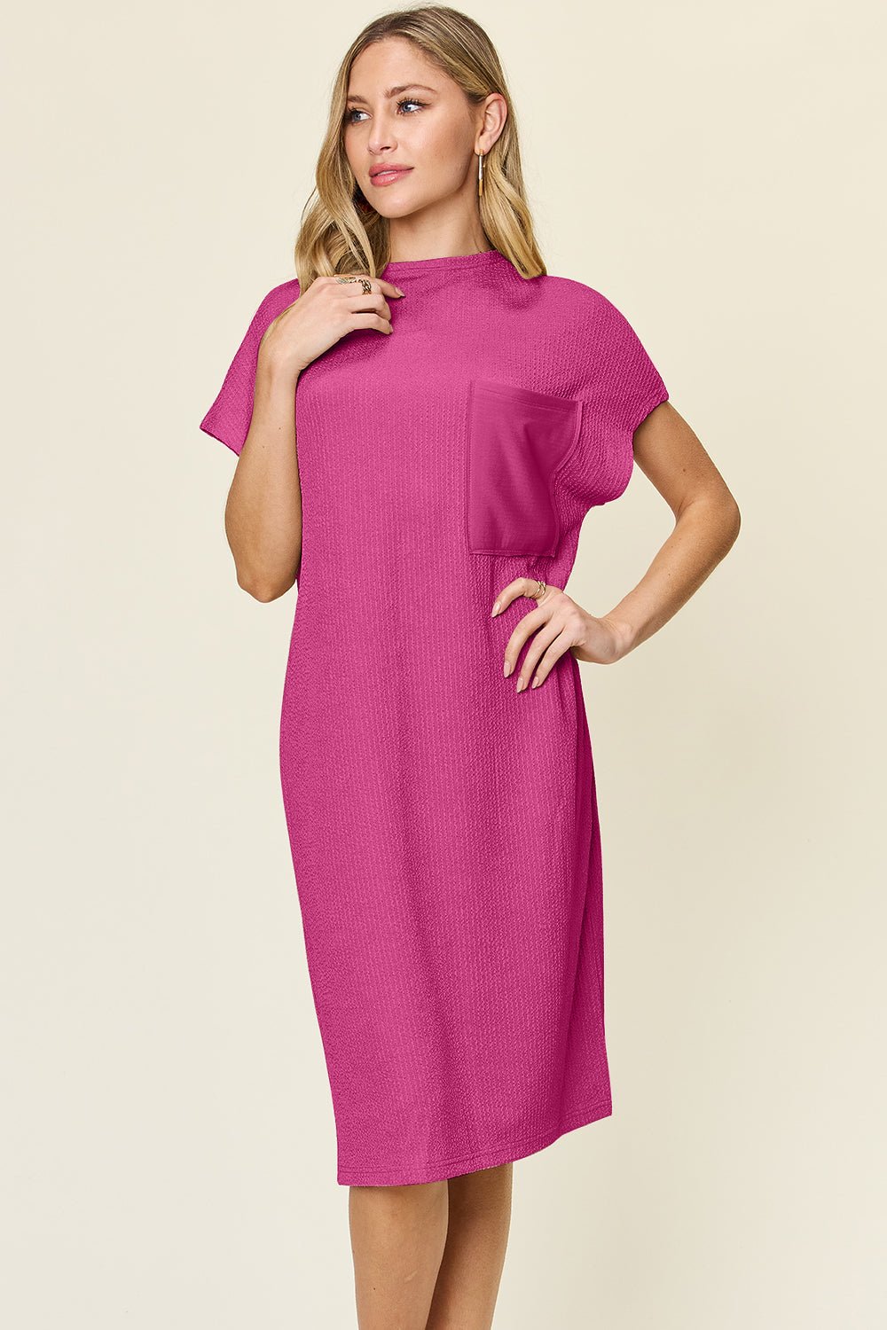 Double Take - Textured Mock Neck Short Sleeve Below Knee Dress in Hot Pink