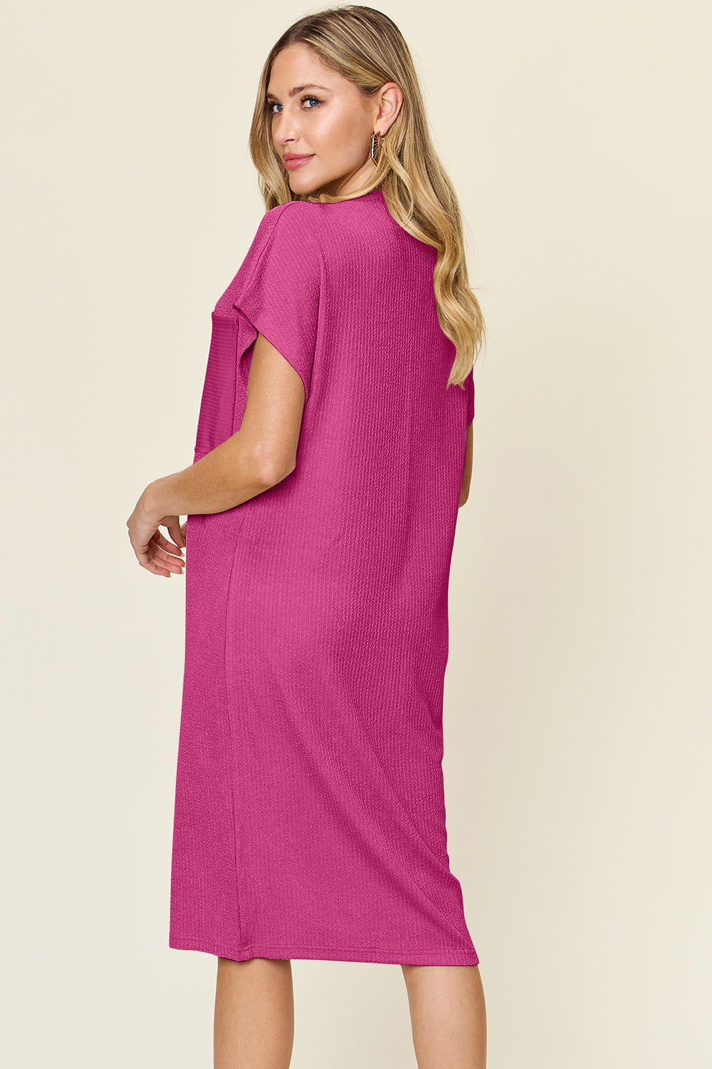 Double Take - Textured Mock Neck Short Sleeve Below Knee Dress in Hot Pink