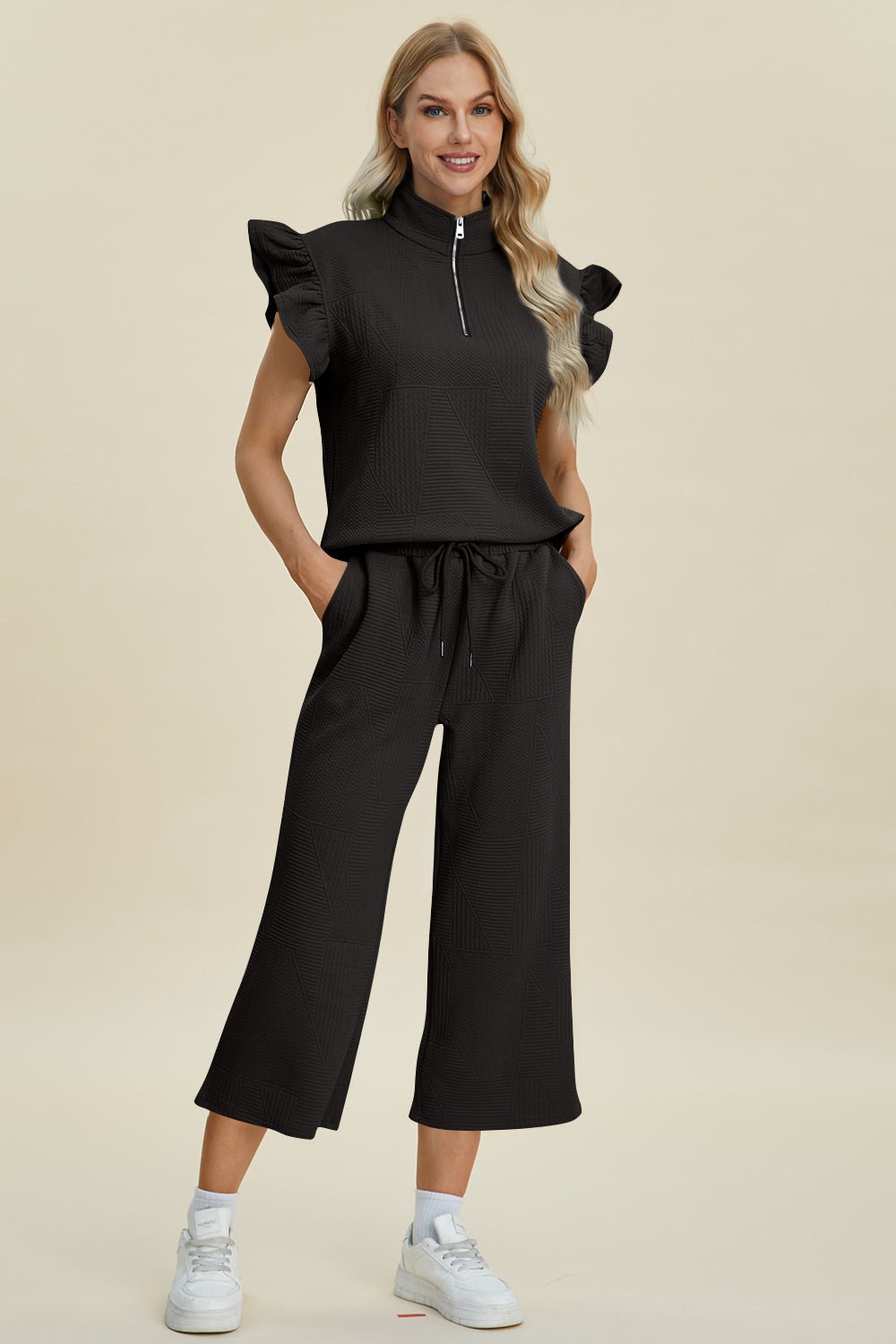 Double Take - Textured Ruffle Short Sleeve Top and Wide Leg Pants Set