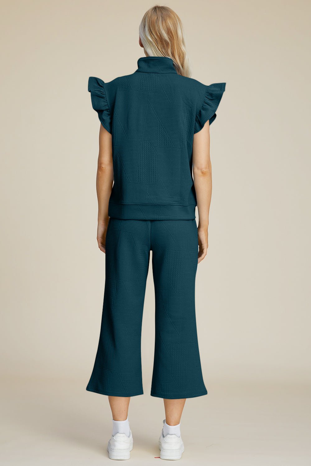 Double Take - Textured Ruffle Short Sleeve Top and Wide Leg Pants Set