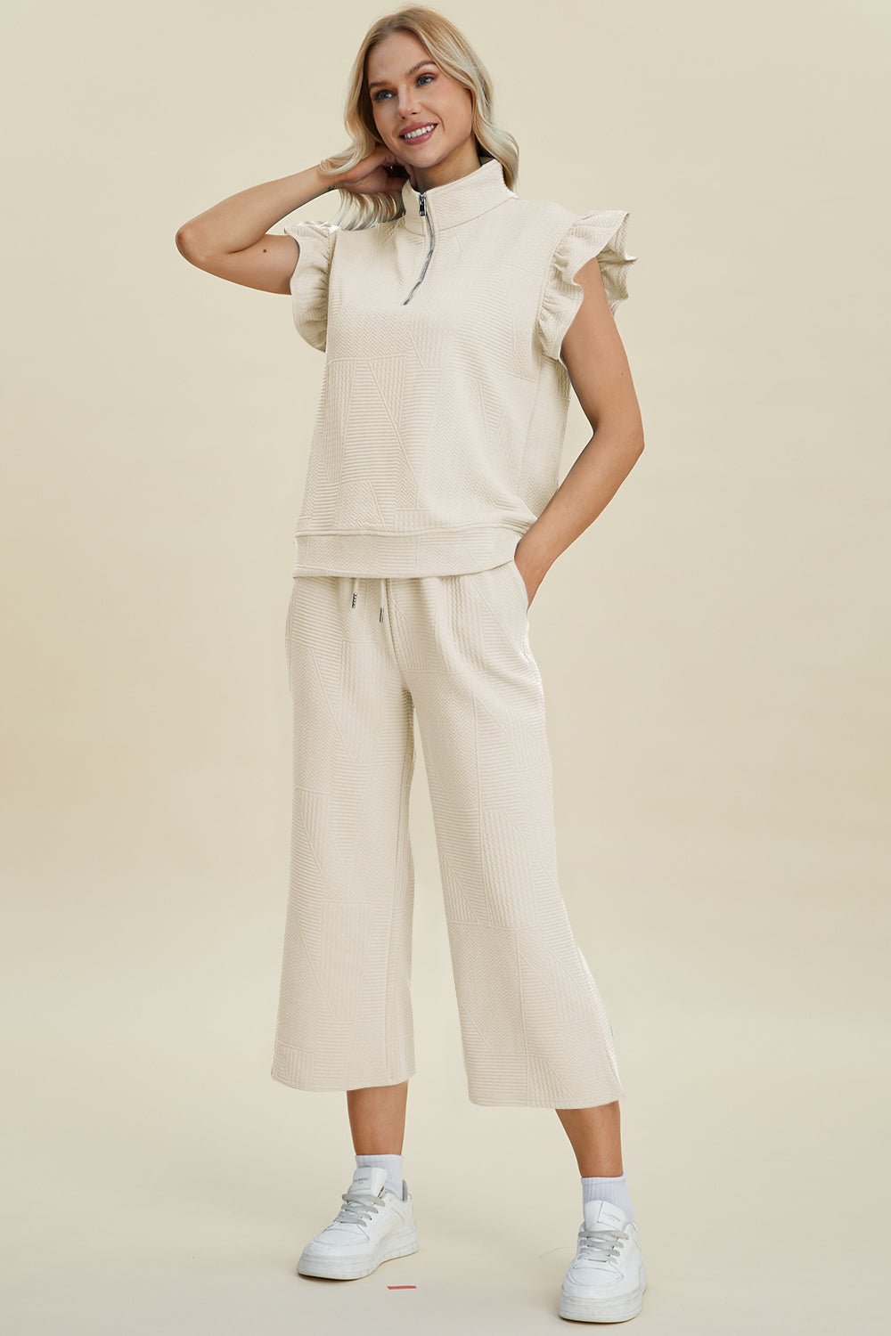 Double Take - Textured Ruffle Short Sleeve Top and Wide Leg Pants Set