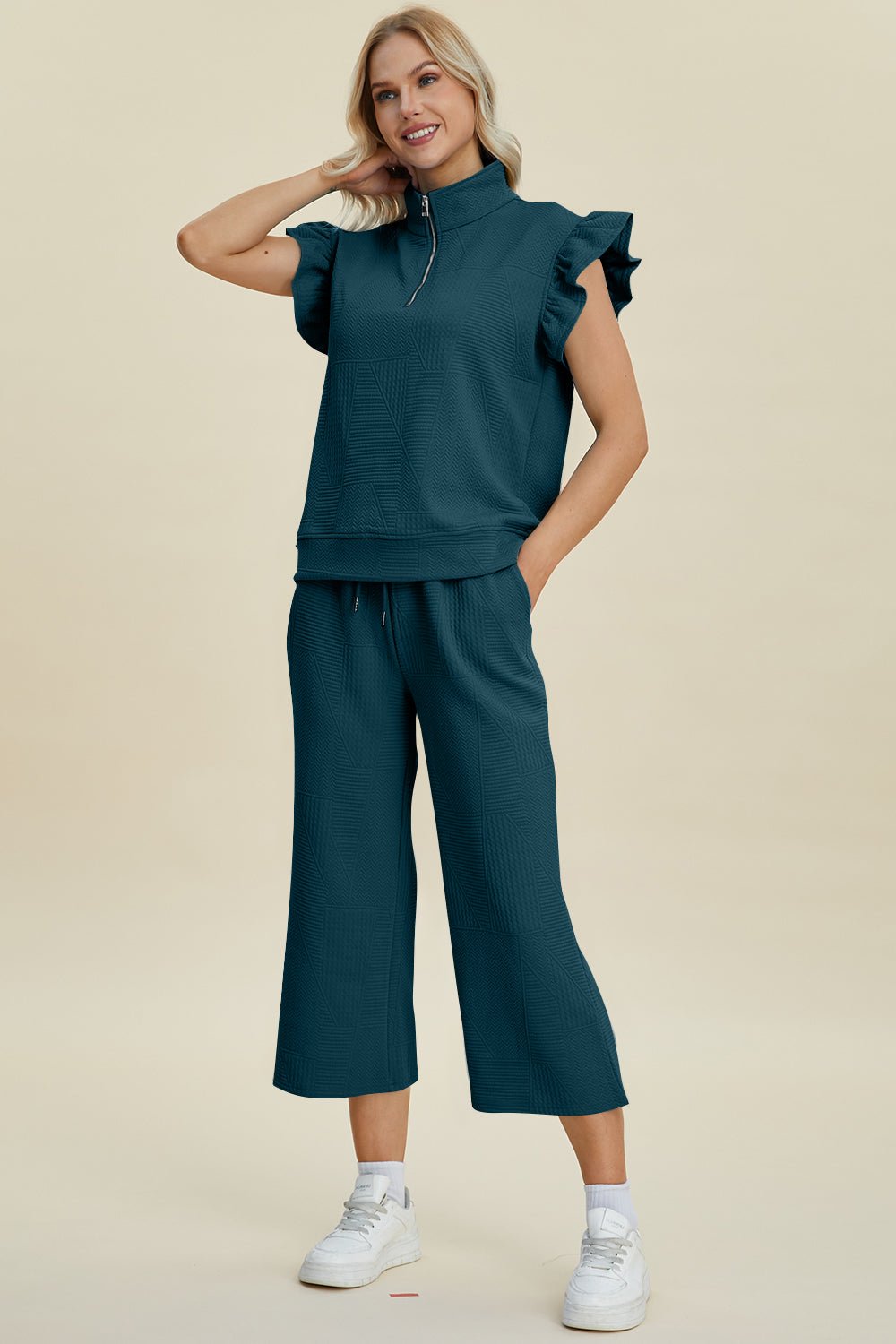 Double Take - Textured Ruffle Short Sleeve Top and Wide Leg Pants Set