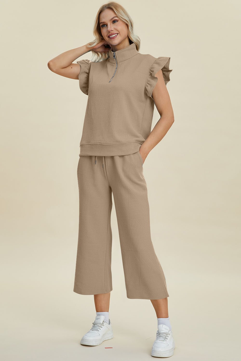 Double Take - Textured Ruffle Short Sleeve Top and Wide Leg Pants Set