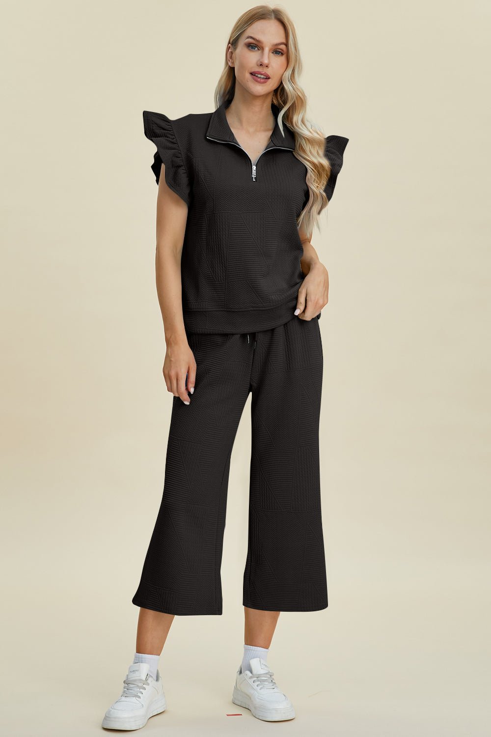 Double Take - Textured Ruffle Short Sleeve Top and Wide Leg Pants Set