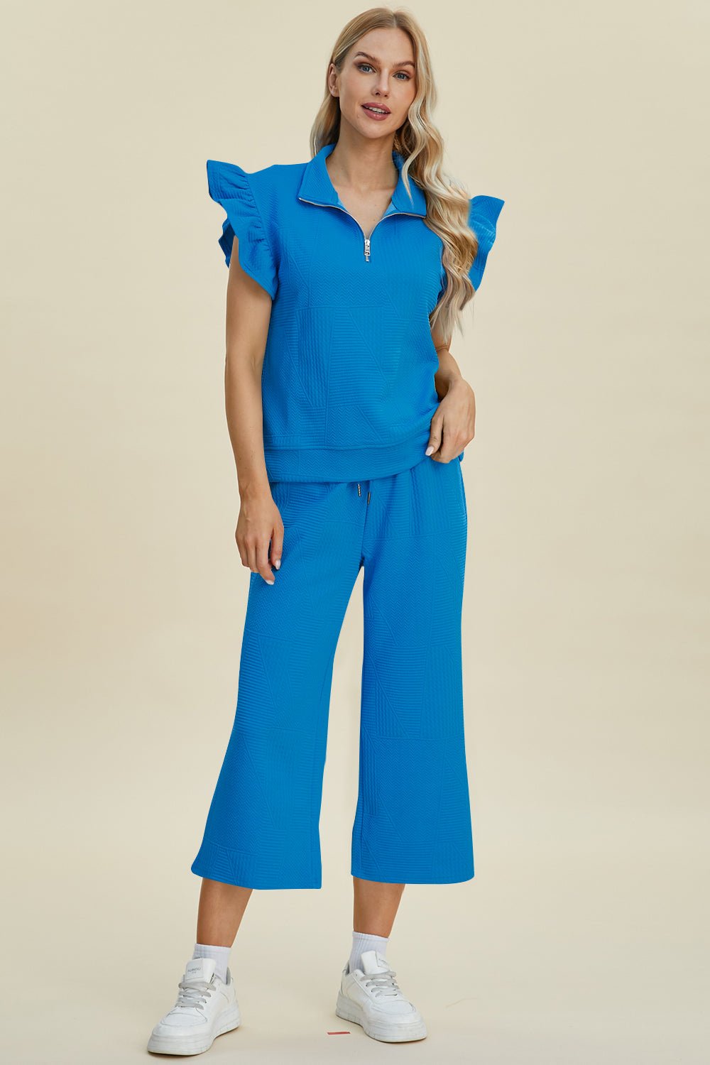 Double Take - Textured Ruffle Short Sleeve Top and Wide Leg Pants Set