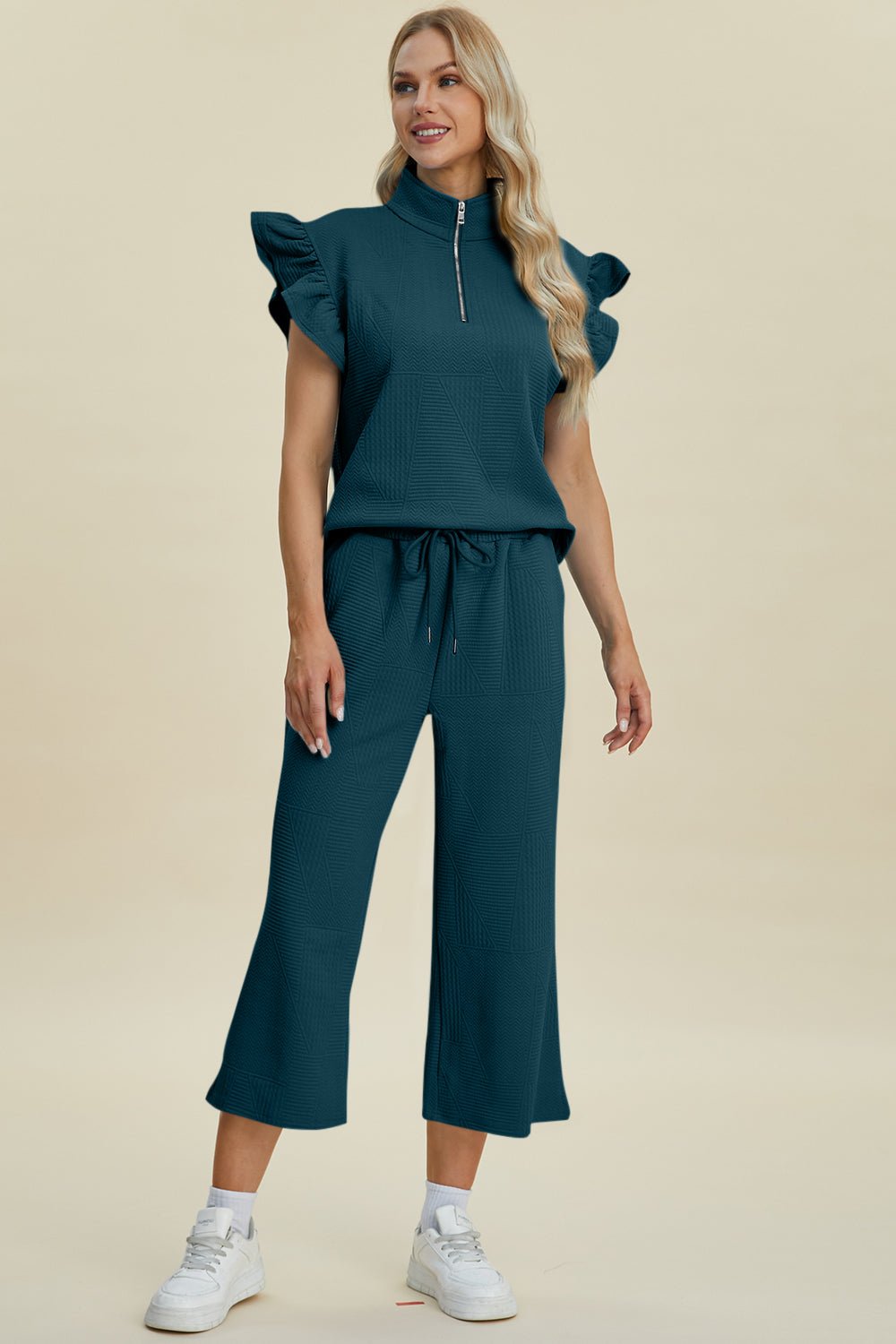 Double Take - Textured Ruffle Short Sleeve Top and Wide Leg Pants Set