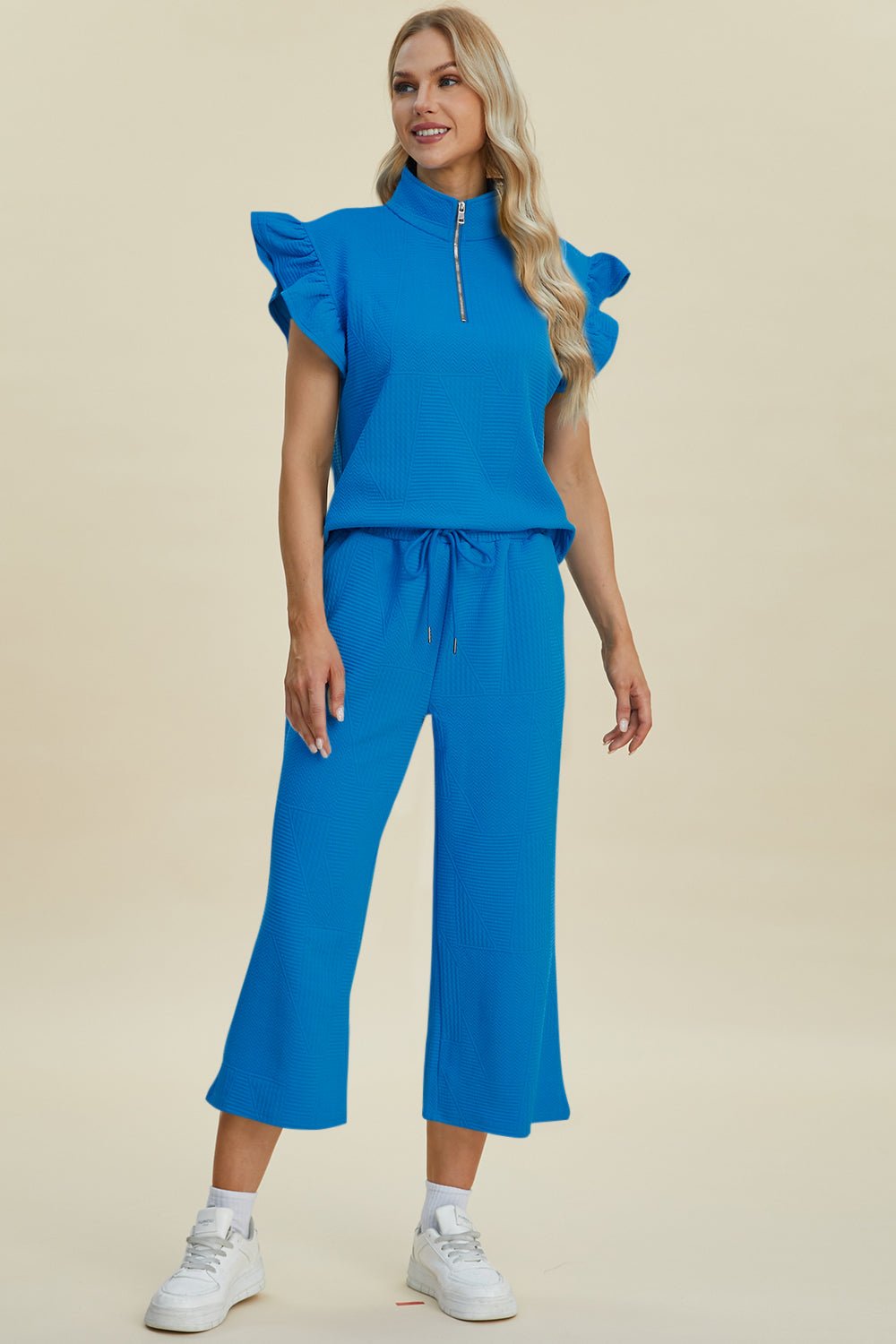 Double Take - Textured Ruffle Short Sleeve Top and Wide Leg Pants Set