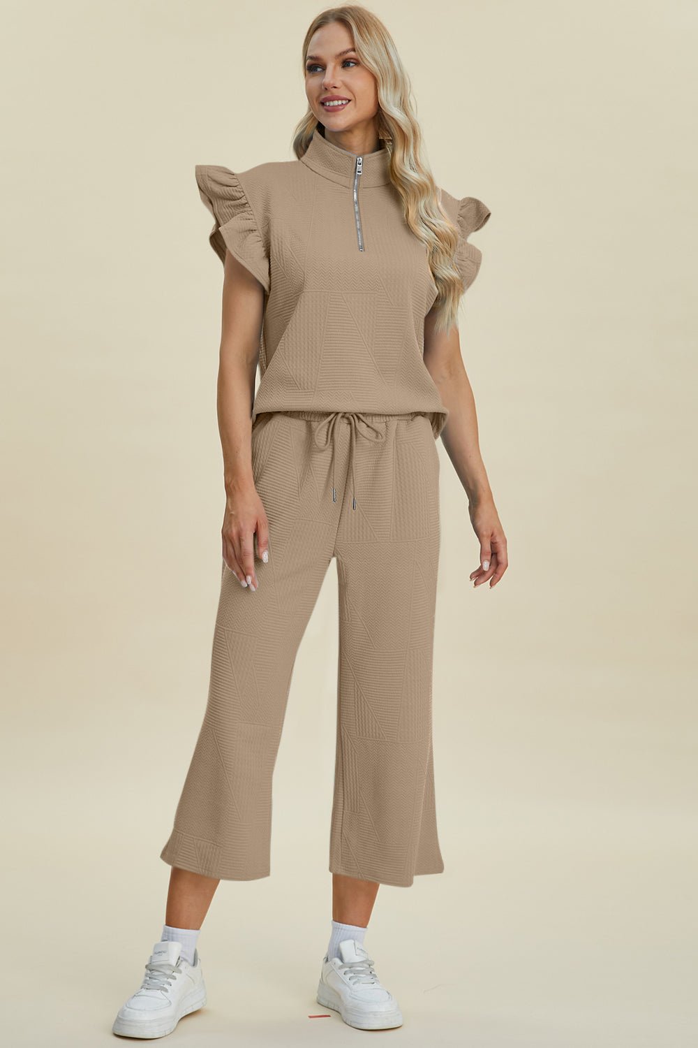 Double Take - Textured Ruffle Short Sleeve Top and Wide Leg Pants Set