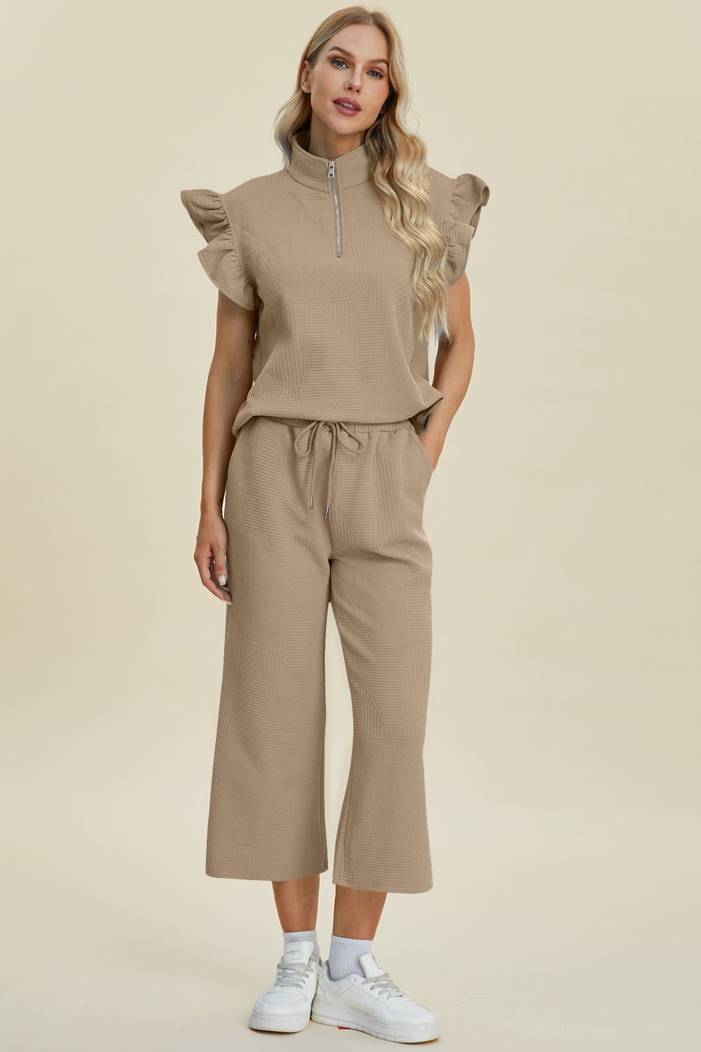 Double Take - Textured Ruffle Short Sleeve Top and Wide Leg Pants Set