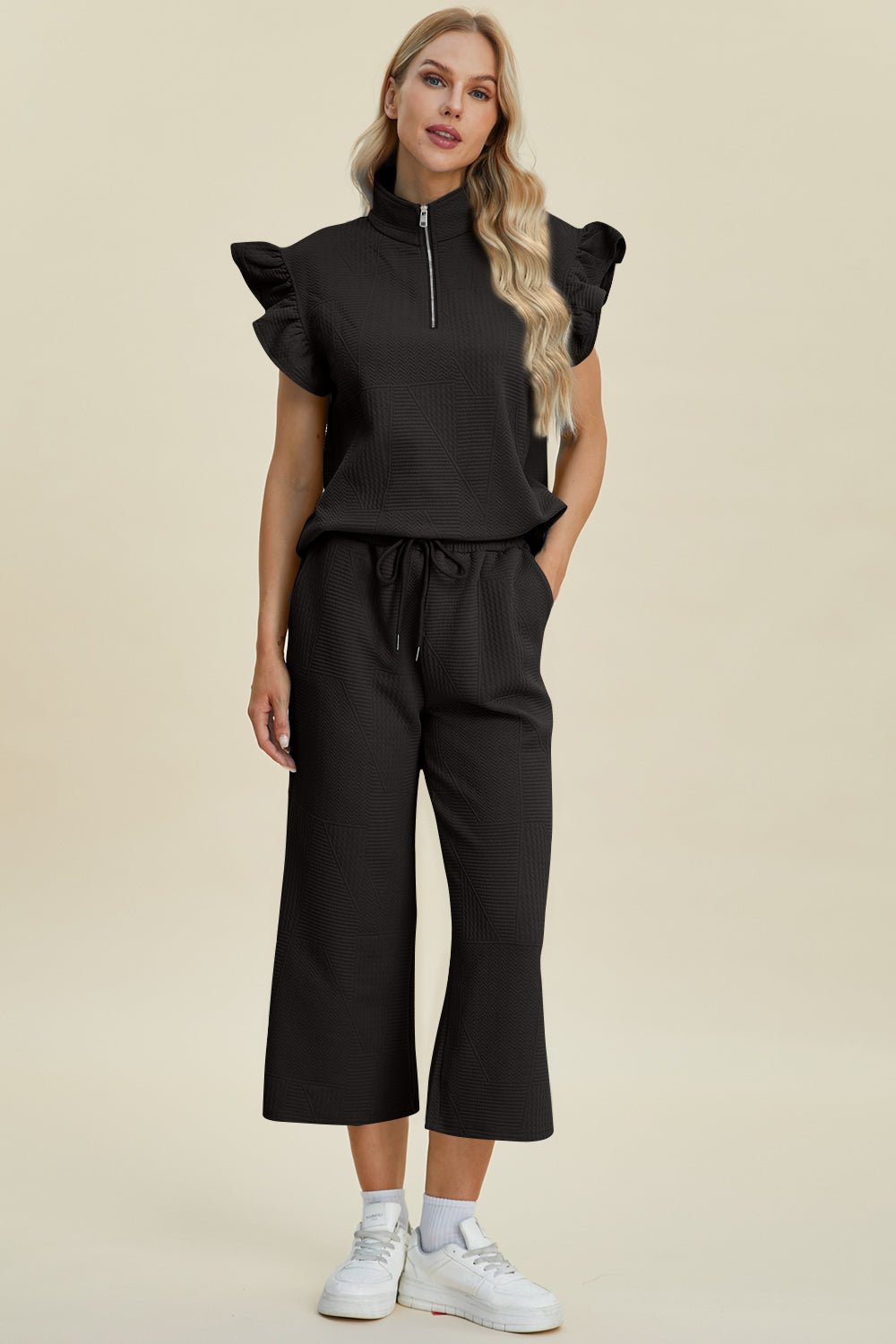 Double Take - Textured Ruffle Short Sleeve Top and Wide Leg Pants Set