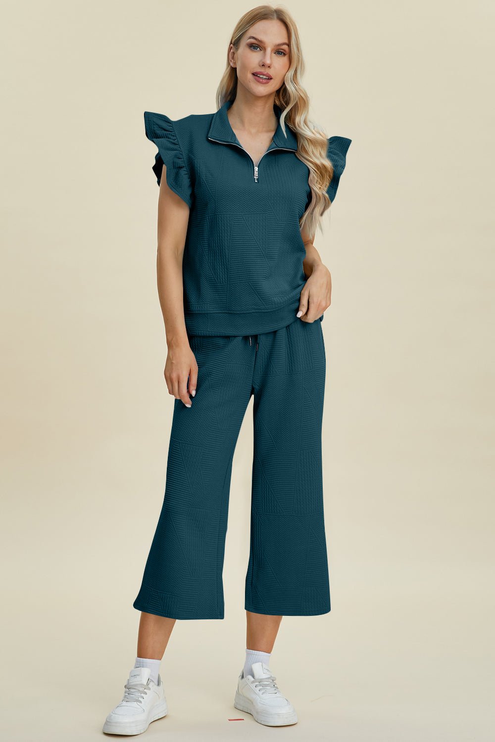 Double Take - Textured Ruffle Short Sleeve Top and Wide Leg Pants Set