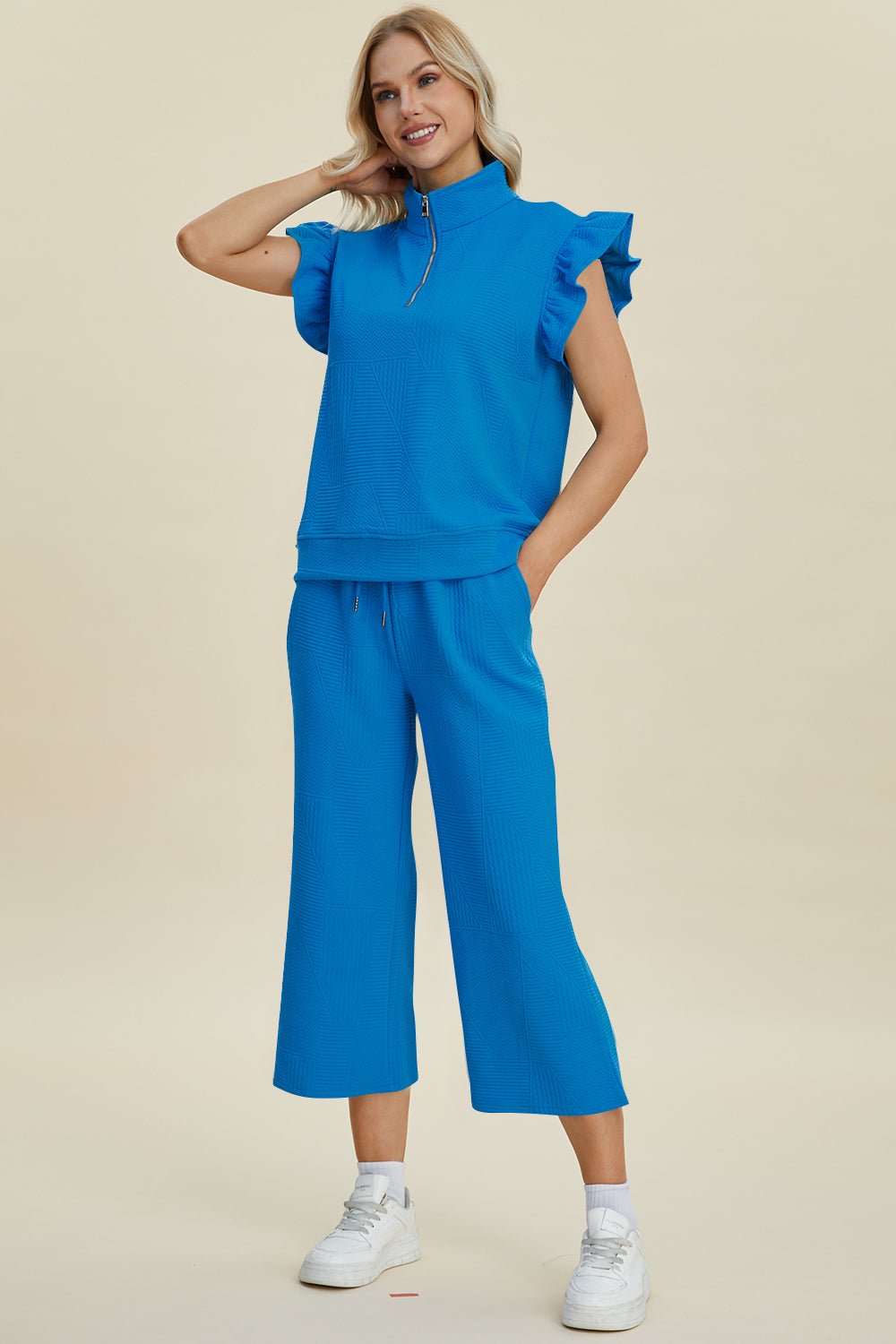 Double Take - Textured Ruffle Short Sleeve Top and Wide Leg Pants Set