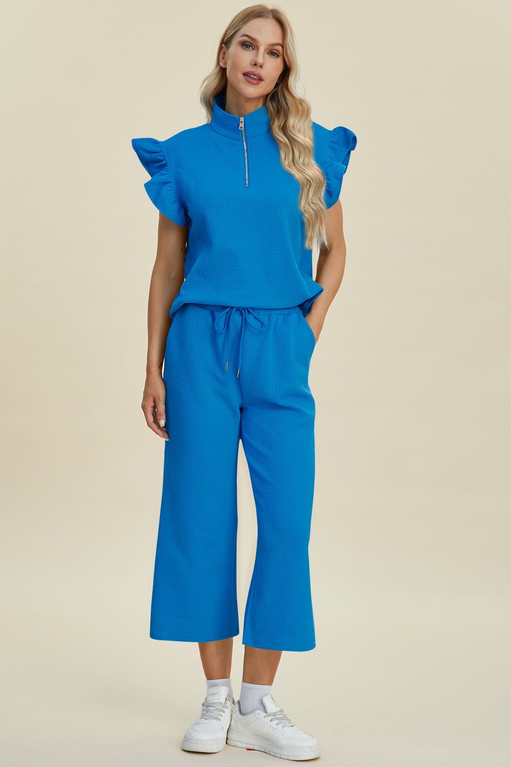 Double Take - Textured Ruffle Short Sleeve Top and Wide Leg Pants Set