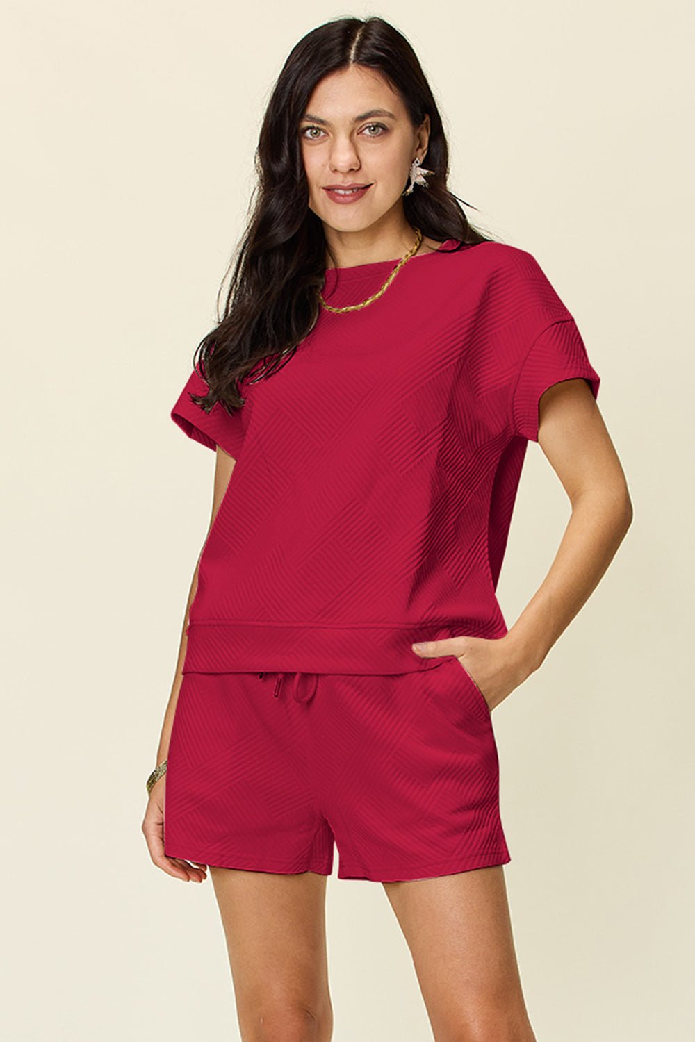 Double Take - Textured Short Sleeve T-Shirt and Drawstring Shorts Set