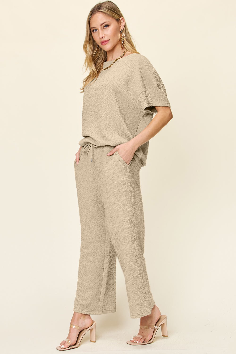 Double Take - Textured Short Sleeve Top and Pants Set