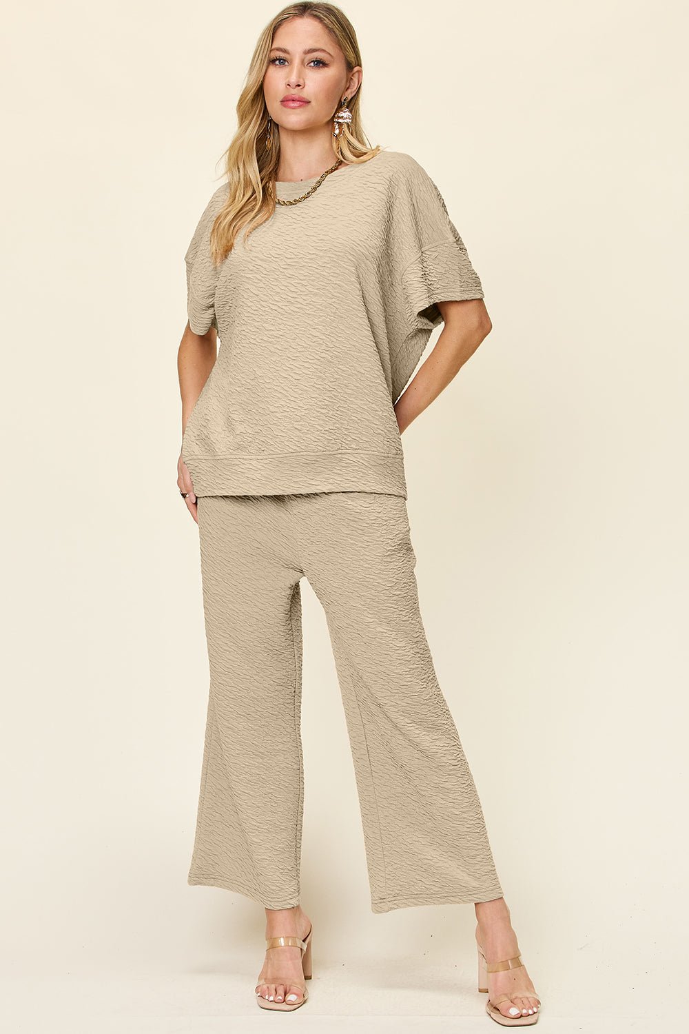 Double Take - Textured Short Sleeve Top and Pants Set