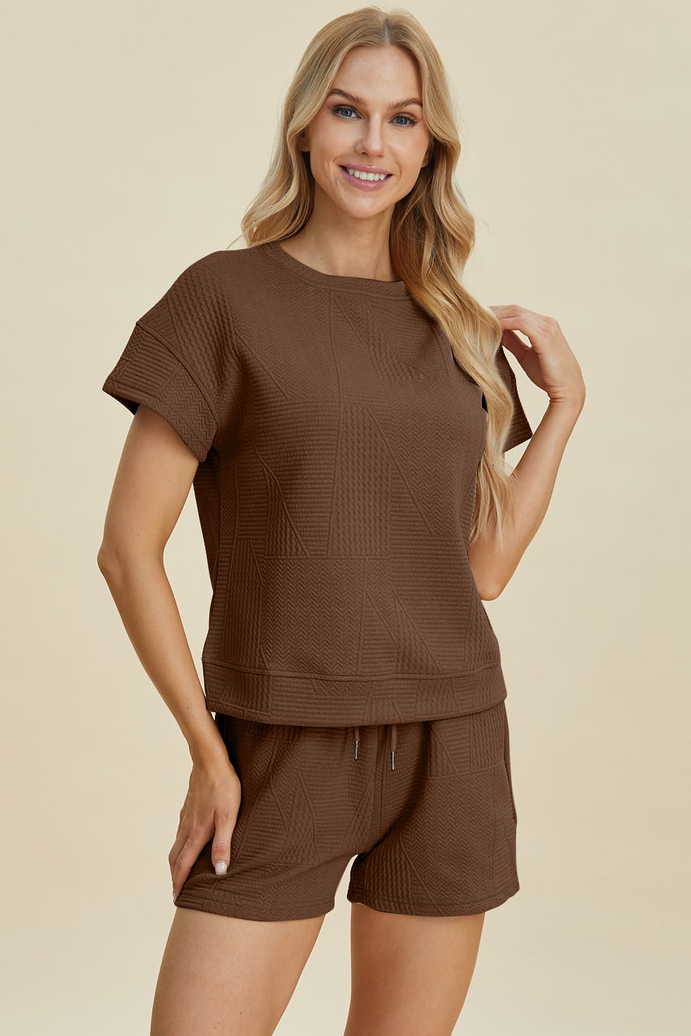 Double Take - Textured Short Sleeve Top and Shorts Set