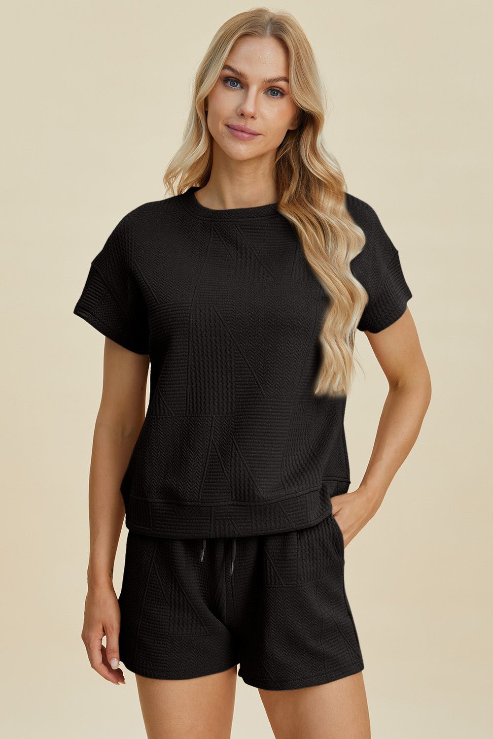 Double Take - Textured Short Sleeve Top and Shorts Set