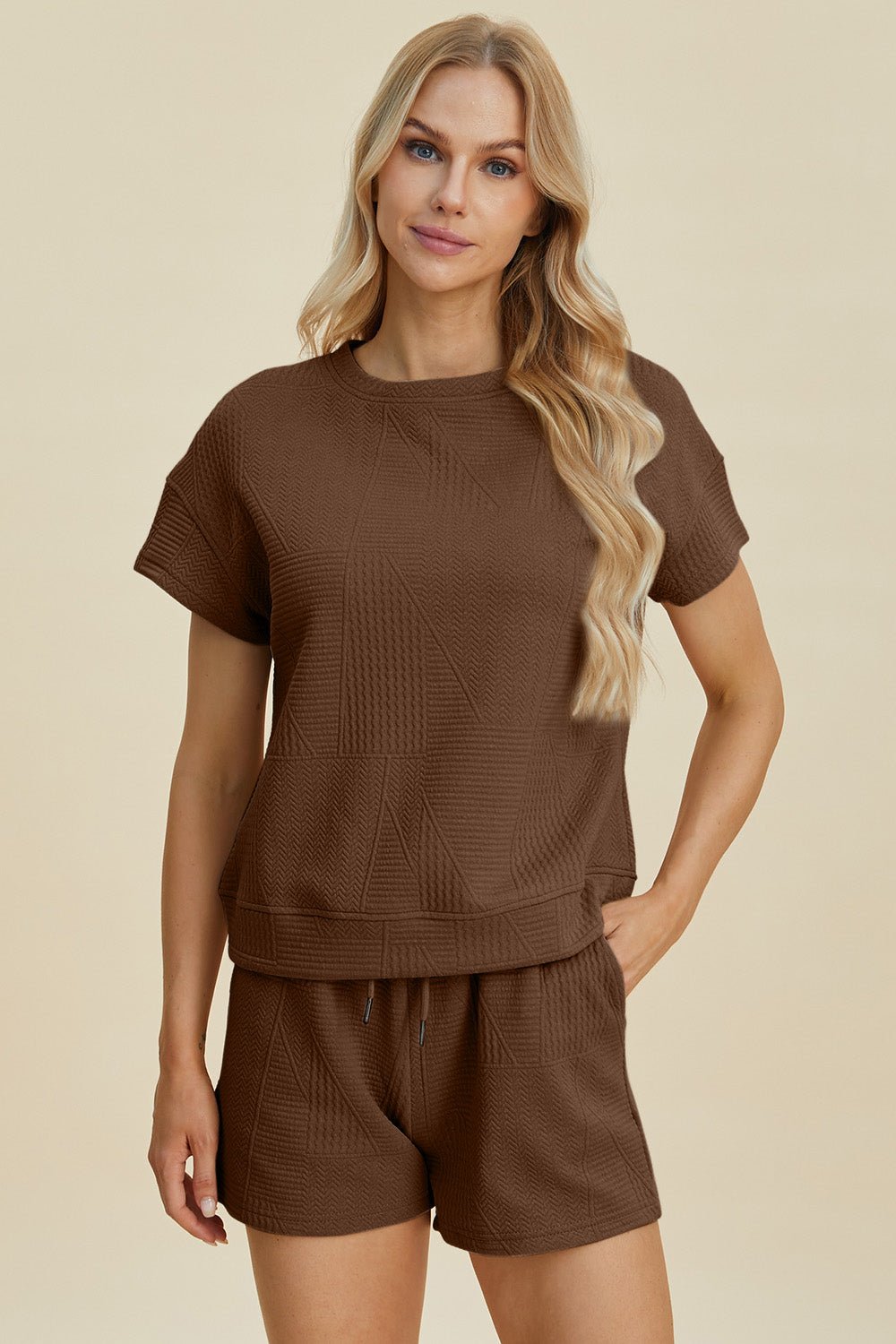 Double Take - Textured Short Sleeve Top and Shorts Set