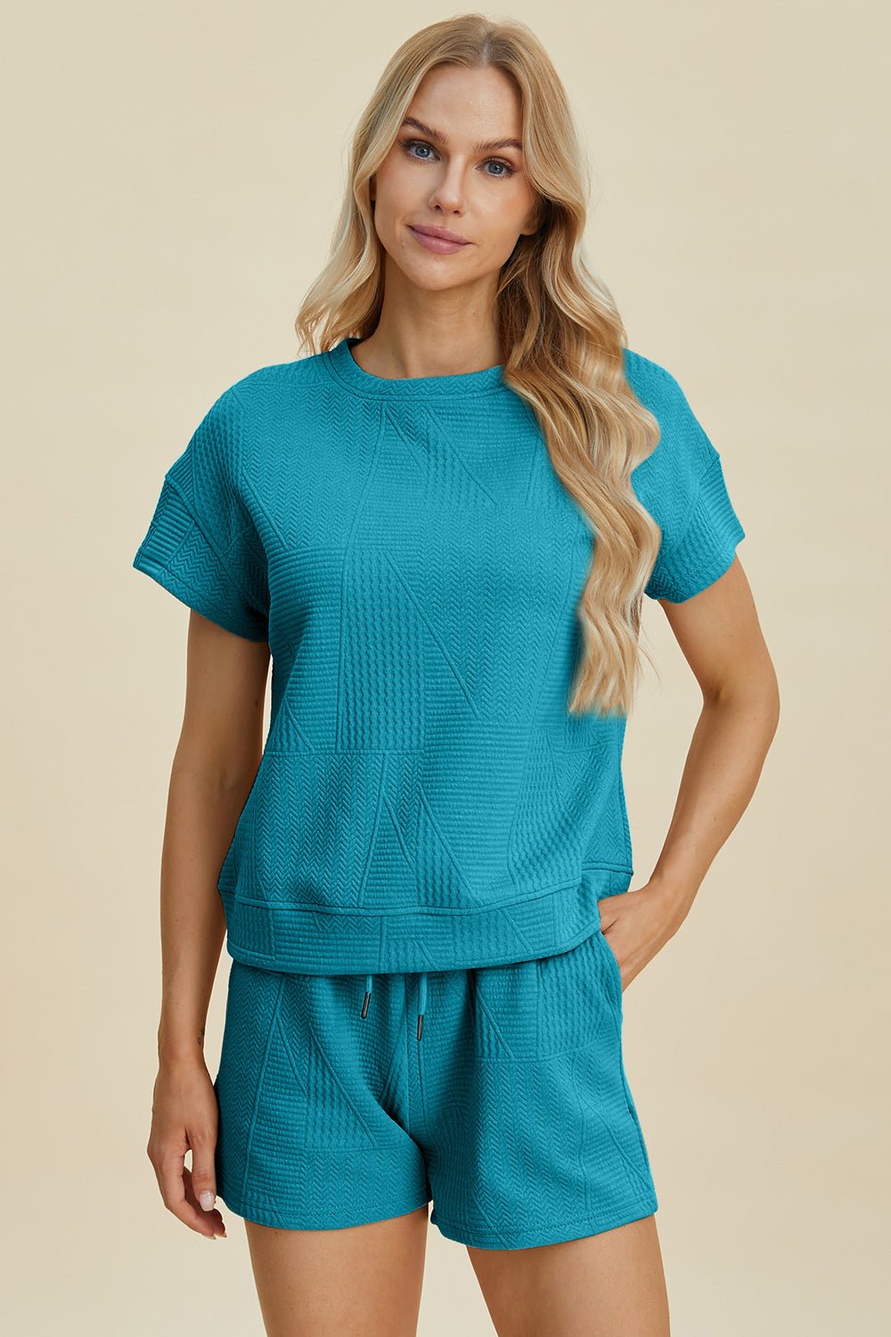 Double Take - Textured Short Sleeve Top and Shorts Set