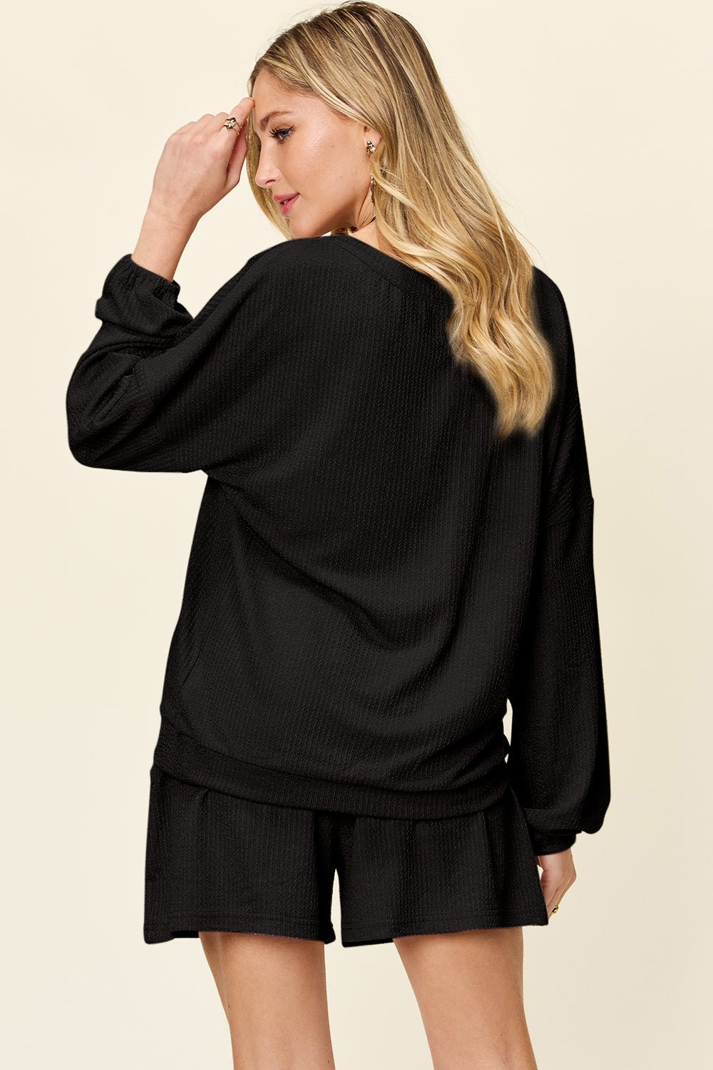 Double Take - Textured V - Neck Long Sleeve T-Shirt and Shorts Set