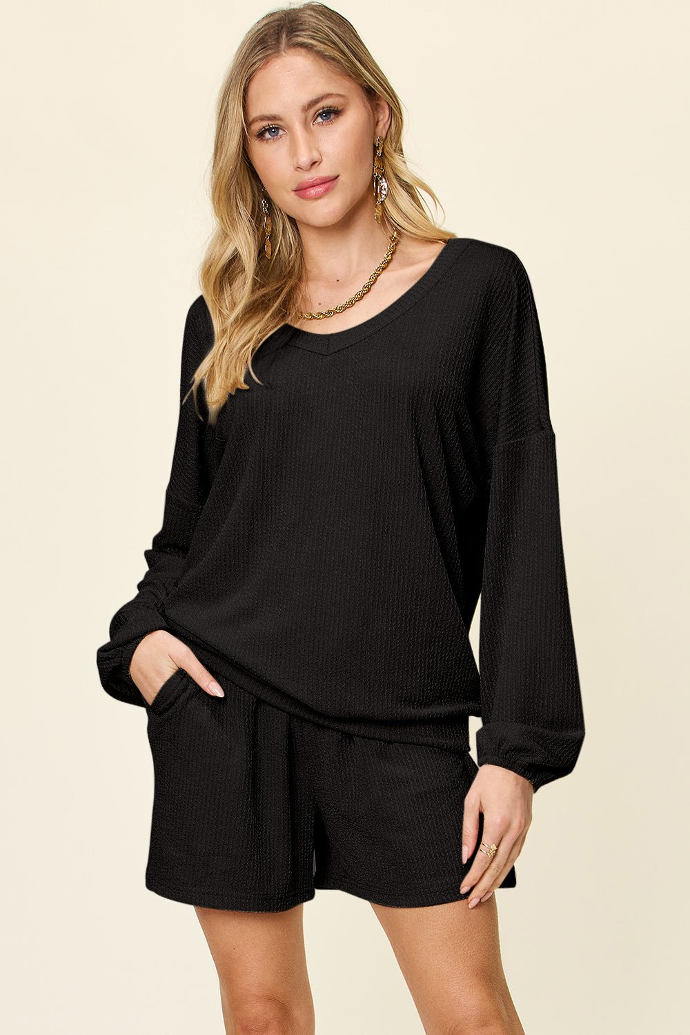 Double Take - Textured V - Neck Long Sleeve T-Shirt and Shorts Set