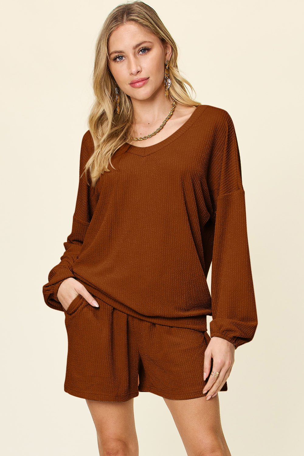 Double Take - Textured V - Neck Long Sleeve T-Shirt and Shorts Set