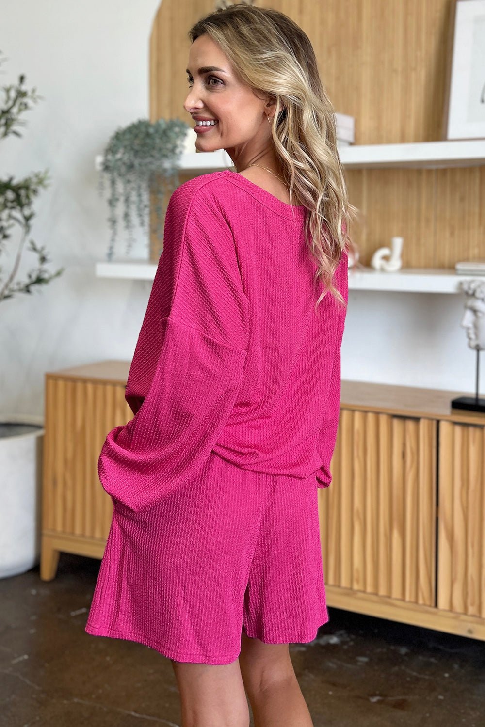 Double Take - Textured V - Neck Long Sleeve T-Shirt and Shorts Set