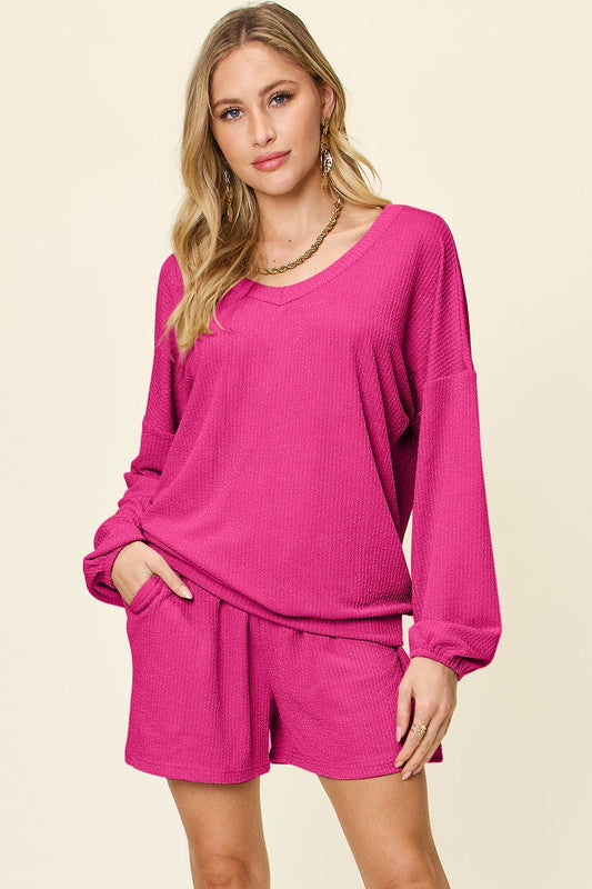 Double Take - Textured V - Neck Long Sleeve T-Shirt and Shorts Set