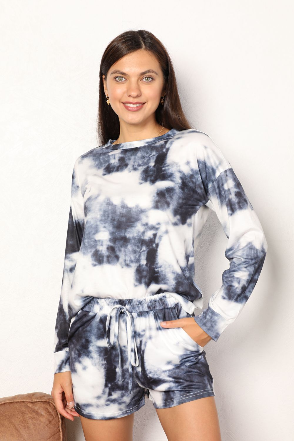 Double Take - Tie - Dye Top and Shorts Lounge Set in Dark Gray