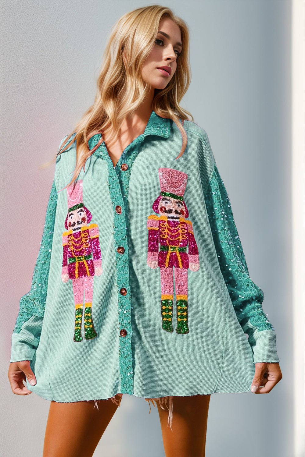 Double Take - Tiffany Blue Sequin Nutcracker Button Up Shirt