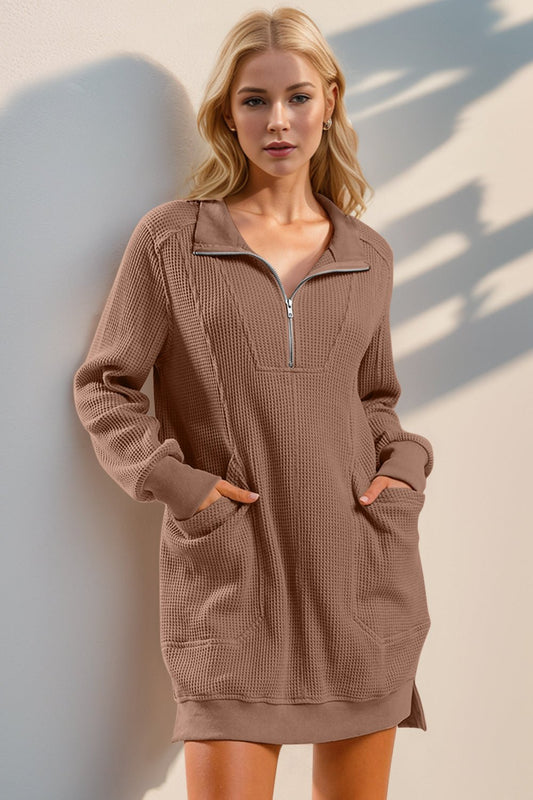 Double Take - Waffle Knit Mini Sweatshirt Dress with Pockets in Taupe