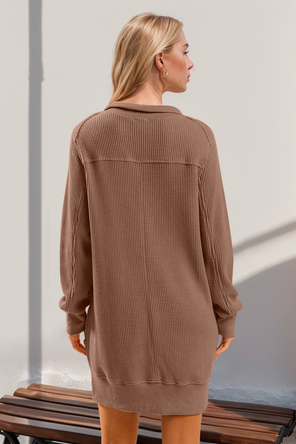 Double Take - Waffle Knit Mini Sweatshirt Dress with Pockets in Taupe