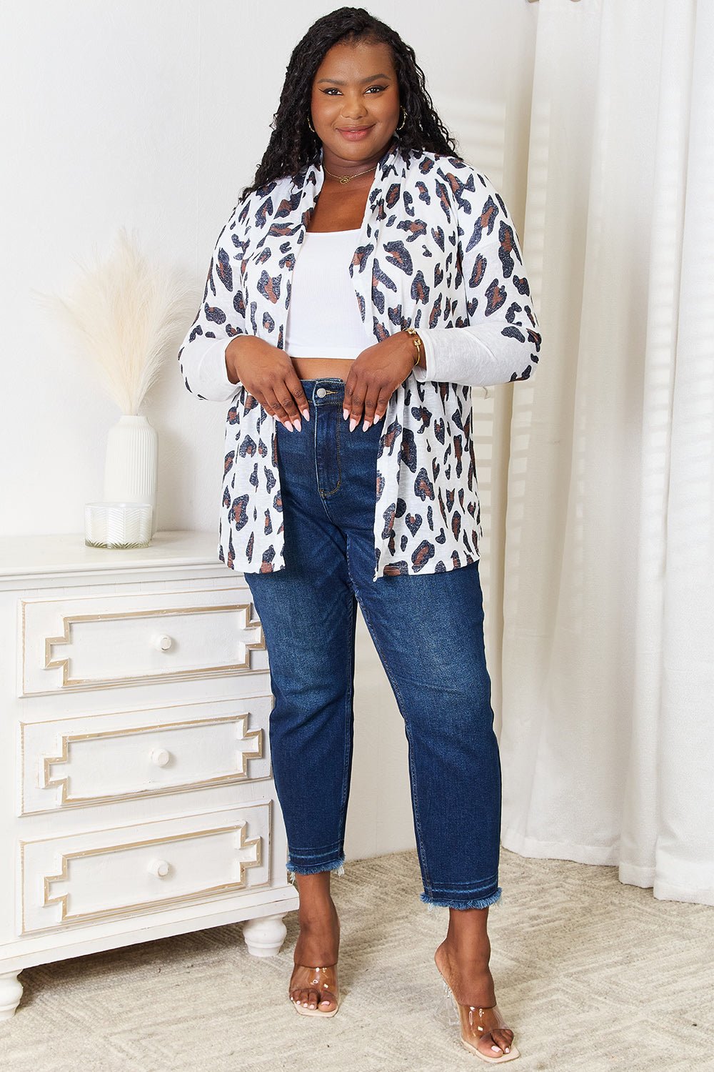 Double Take - White Leopard Print Long Sleeve Cardigan