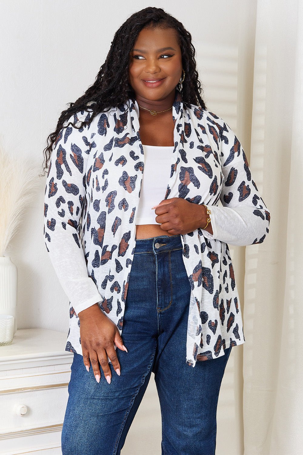 Double Take - White Leopard Print Long Sleeve Cardigan