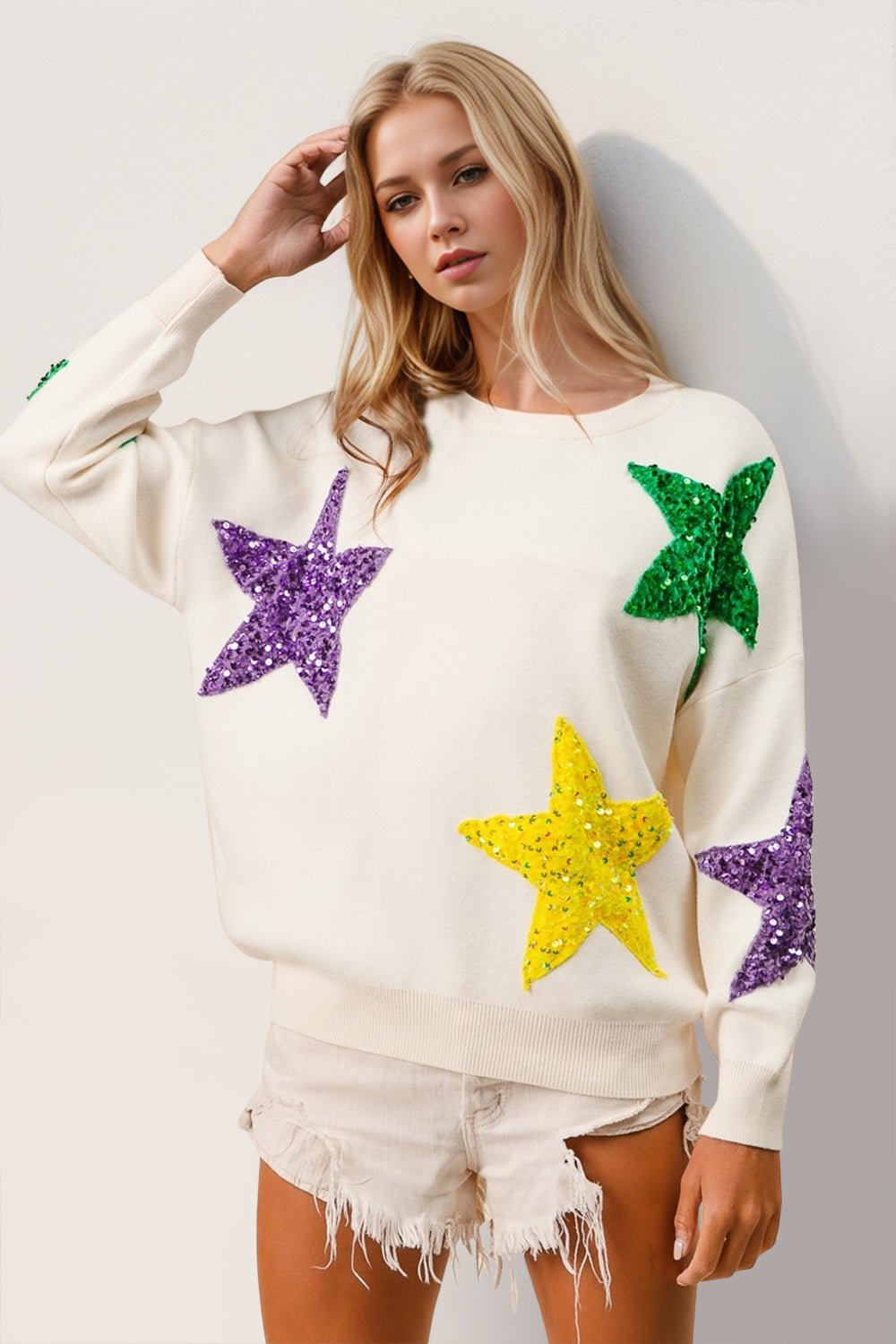 Double Take - White Sequin Stars Sweater