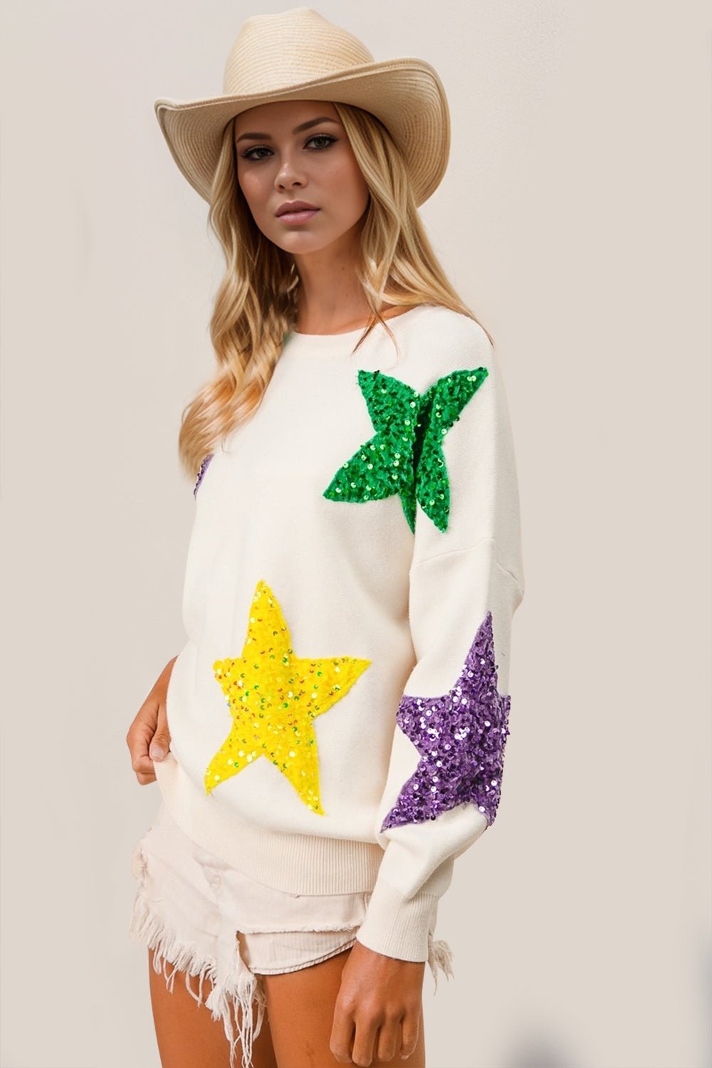 Double Take - White Sequin Stars Sweater