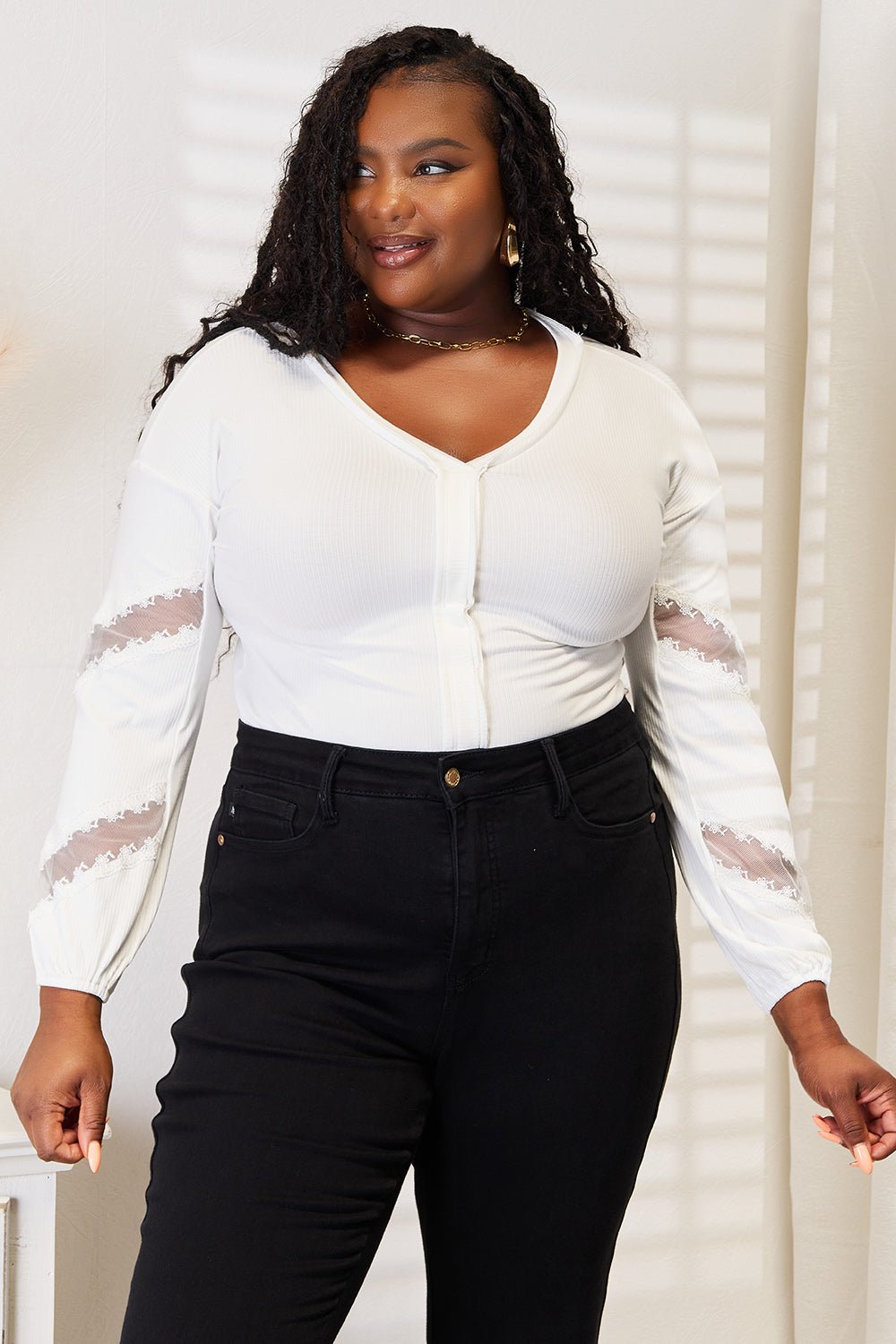 Double Take - White V - Neck Dropped Shoulder Blouse