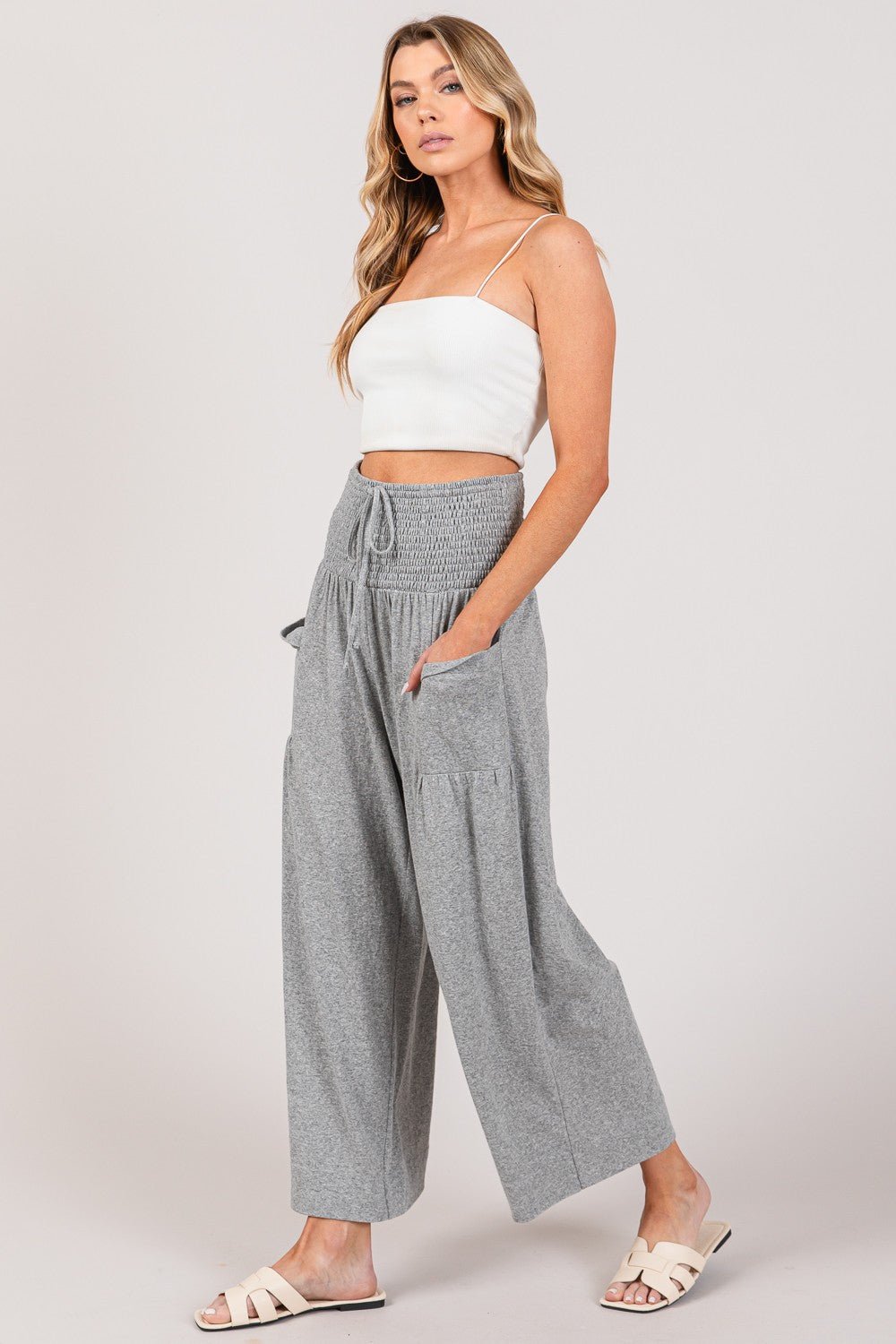 Drawstring Smocked High Waist Pants in GrayPantsSAGE+FIG