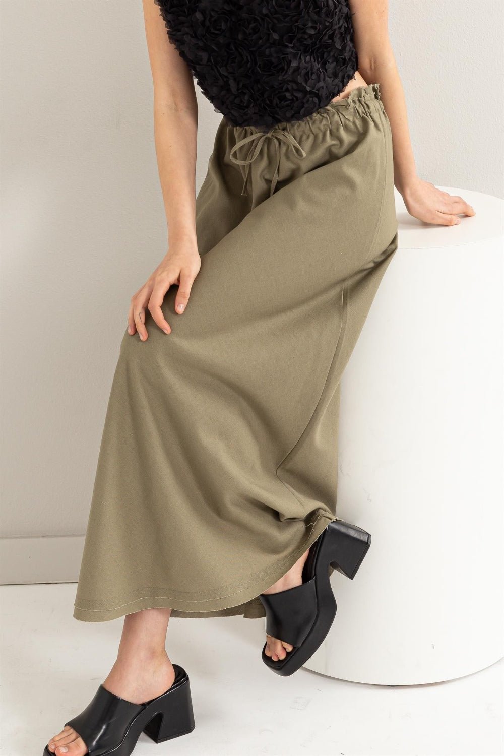 Drawstring Waist Washed Maxi Skirt in OliveMaxi SkirtHYFVE
