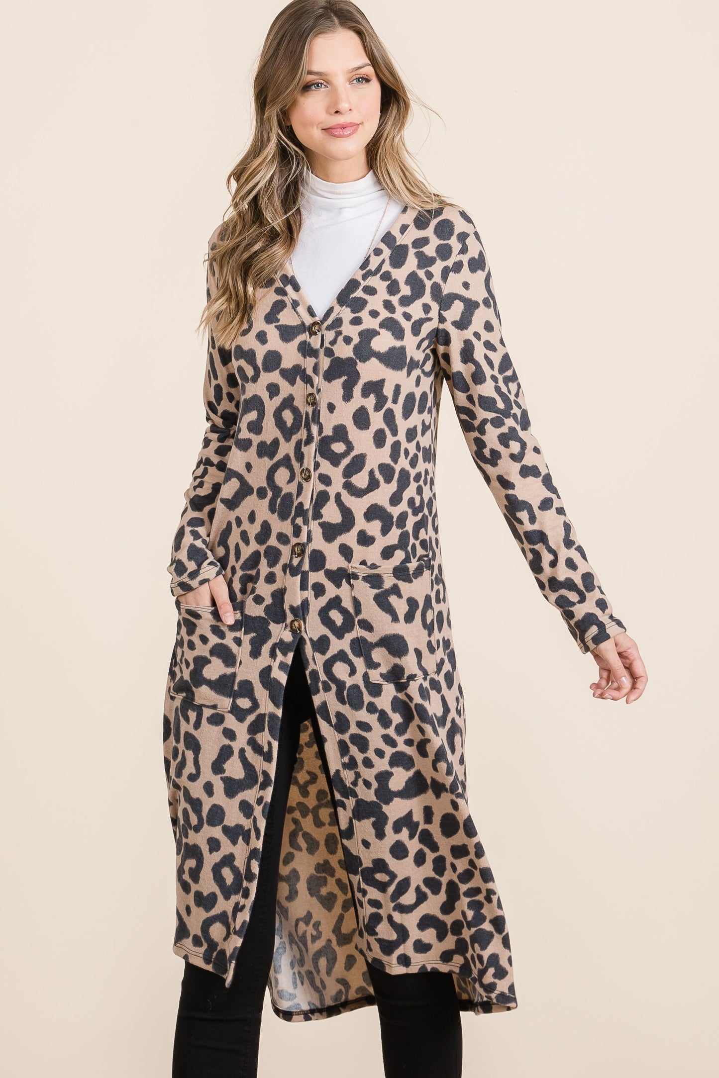 Leopard Print V-Neck Duster Cardigan in Mocha