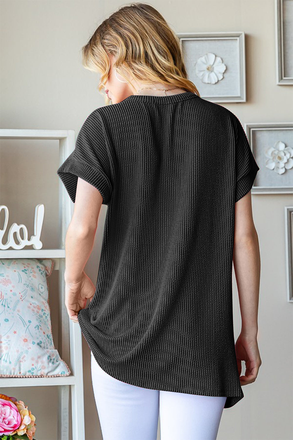 USA Graphic Short Sleeve Rib Knit Top in Black