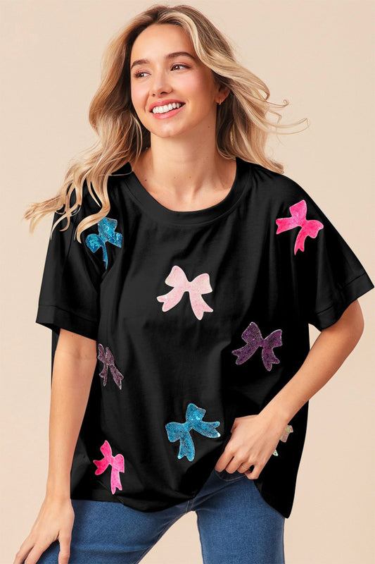 Sequin Bow Patch Short Sleeve T-Shirt in Black