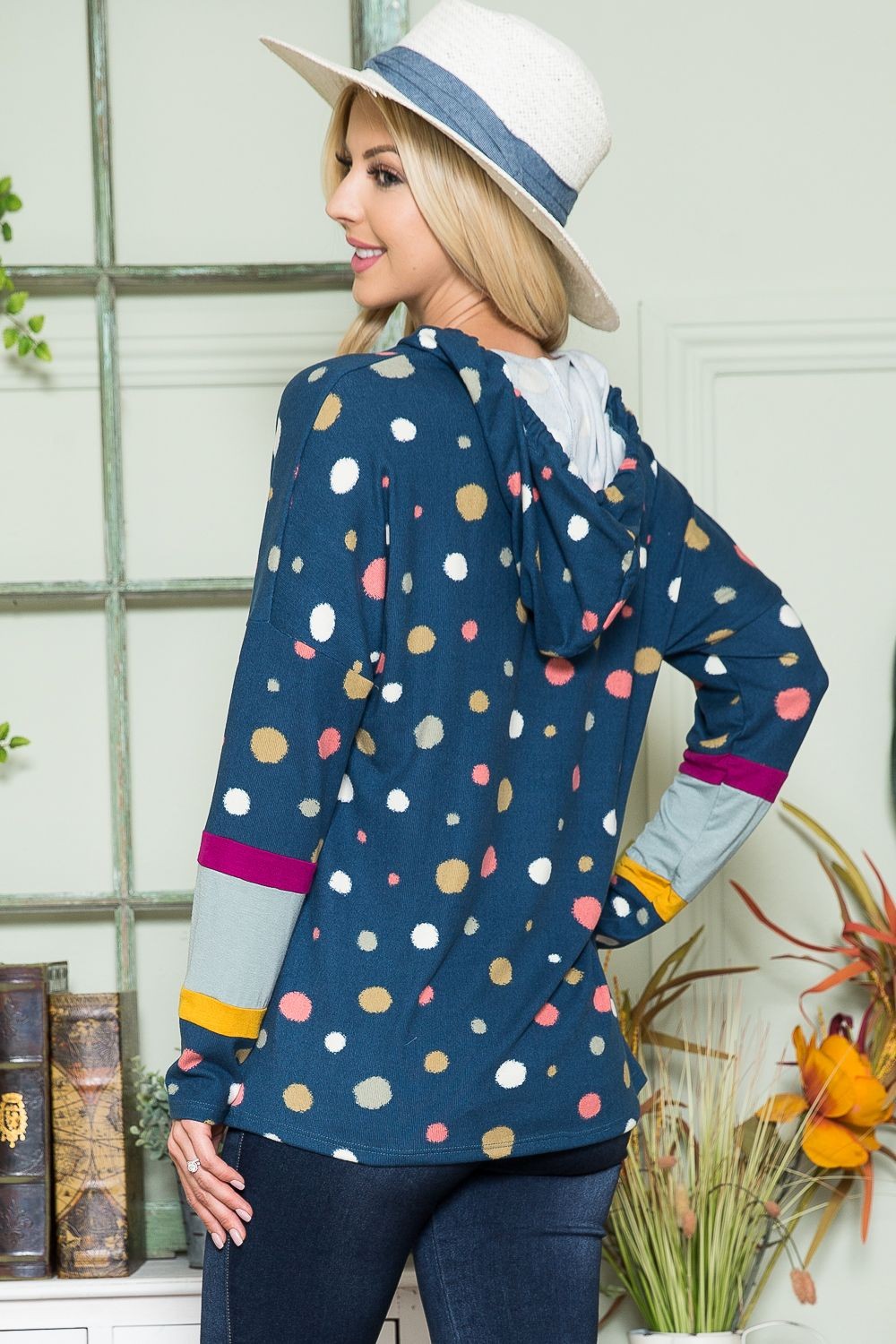 Navy Polka Dot Hoodie with Pockets