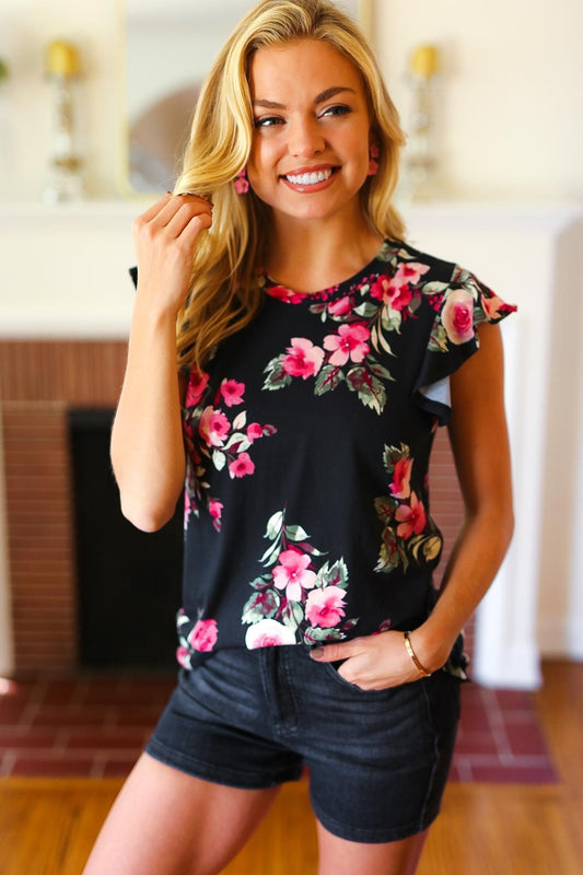 Ruffle Sleeve Black Floral Knit Top