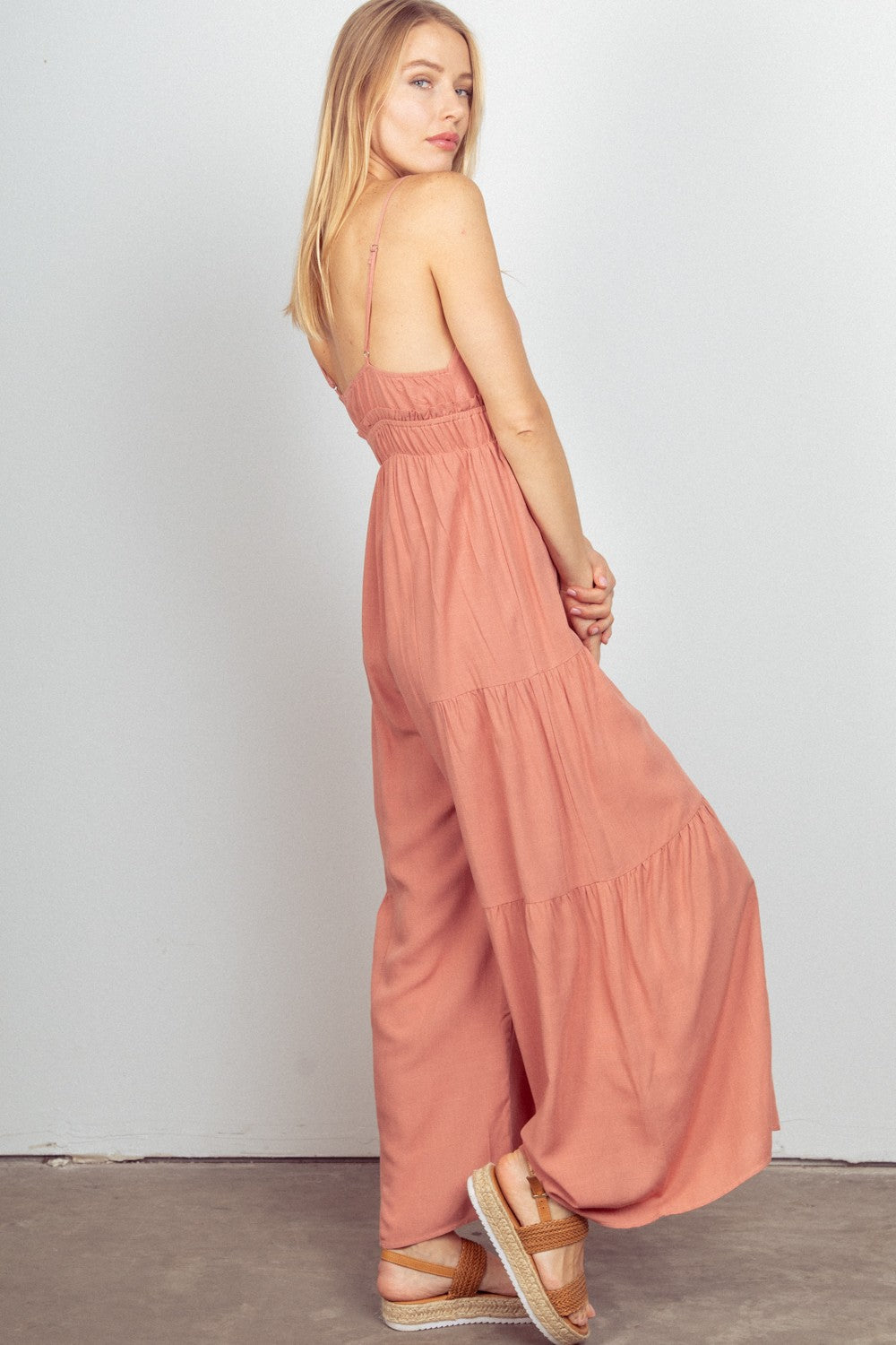 Sleeveless Ruched Wide Leg Jumpsuit in Blush