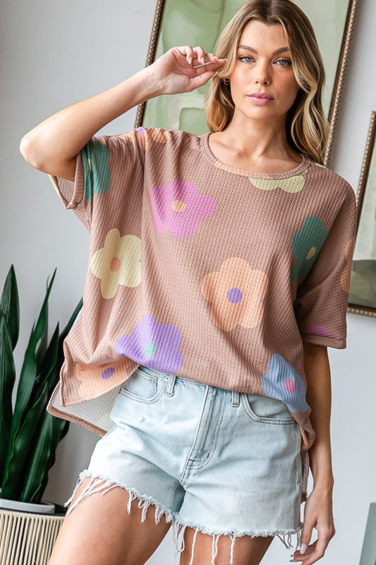 Floral Crew Neck Waffle Knit Tunic T-Shirt in Mocha