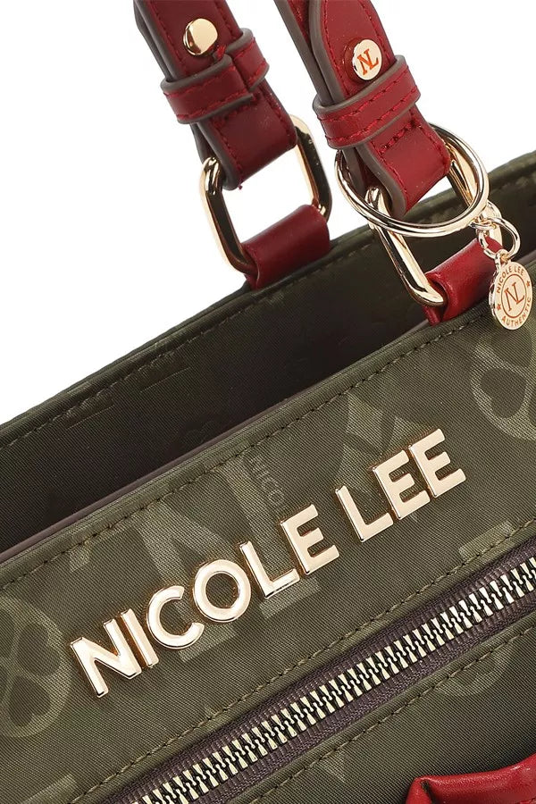Green handbag with red strap and 'NICOLE LEE' branding