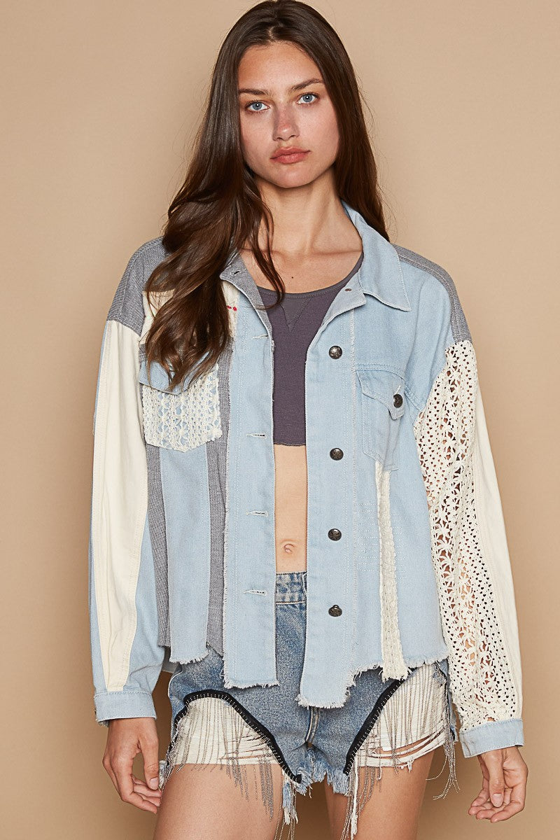 Denim Blue Crochet Embroidered Shacket