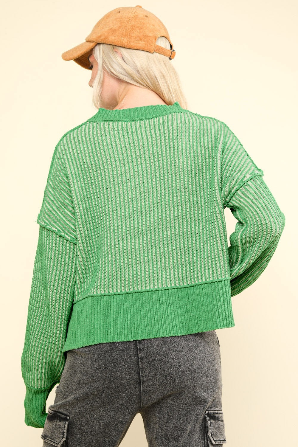 Green Exposed Seams Cropped Striped Sweater